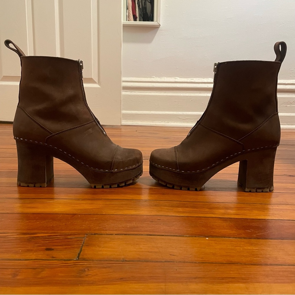 Swedish Hasbeens Zip Front Platform Clog Boot Scandi Size 41 Women Brown Nubuck - Picture 2 of 12